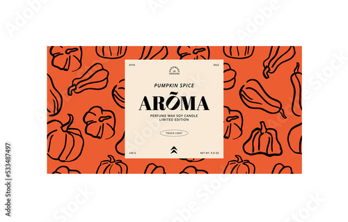 Vector template design label for candle package with pumpkin spice perfume. Modern design with ink illustrations. Seamless pattern.