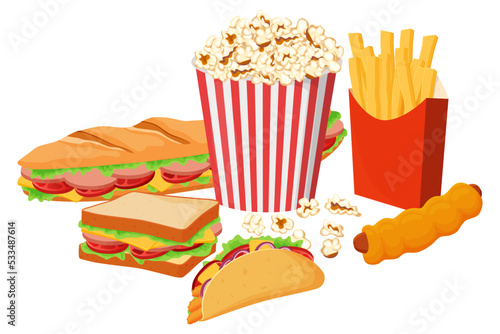 Графика и A set of fast food.Sandwiches, fried legs, pizza, Chinese noodles and cola.Street food.Vector illustration on a white backgroundиллюстрации