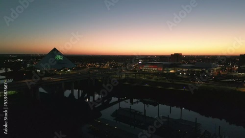 Drone Shot of a Sunrise by the Mississippi River Bridge in Downtown Memphis Tennessee