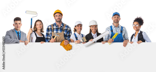Construction workers with blank billboard