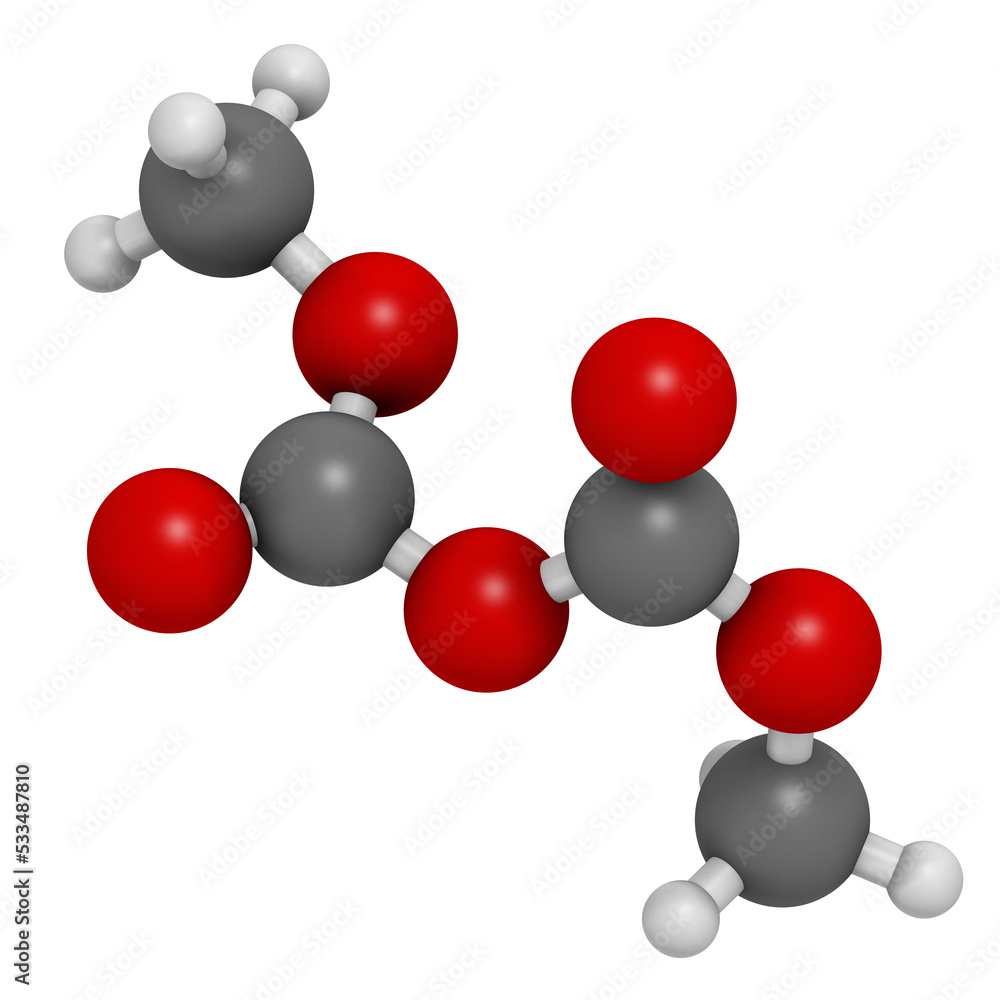 Dimethyl dicarbonate (DMDC) beverage preservative molecule. Additive added to wine, sport beverages, iced tea, etc. Dimethyl dicarbonate (DMDC) beverage preservative molecule. Additive added to wine, sport beverages, iced tea, etc.