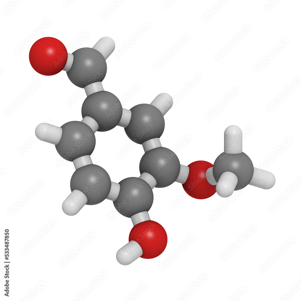 Vanillin (vanilla flavor) molecule, chemical structure Vanillin (vanilla flavor) molecule, chemical structure