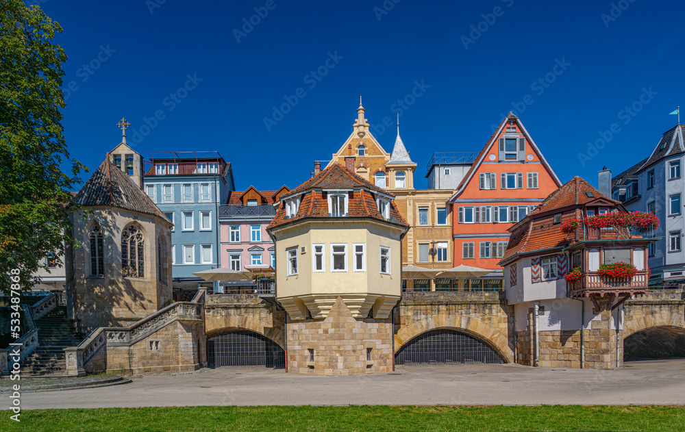 Inner bridge (Innere Bruecke) in Esslingen, which originally had eleven arches over the two river canals. Baden-Wuerttemberg, Germany, Europe. Inner bridge (Innere Bruecke) in Esslingen, which originally had eleven arches over the two river canals. Baden-Wuerttemberg, Germany, Europe.