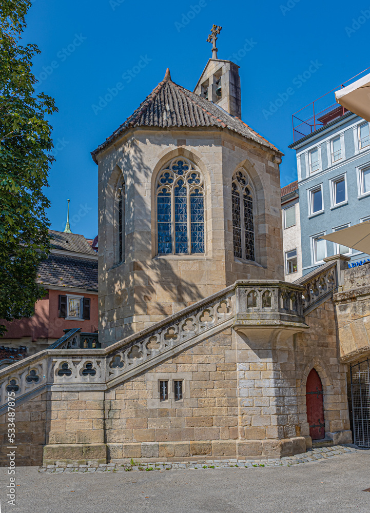 The St. Nicholas Chapel in Esslingen, first mentioned in 1350 and dedicated to the patron saint of boatmen and raftsmen St. Nikolaus. Baden Wuerttemberg, Germany, Europe.