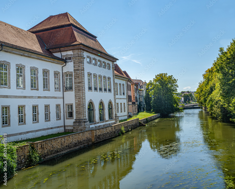 District court with view over the Rossneckar in Esslingen am Neckar. Baden Wuerttemberg, Germany, Europe