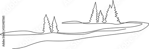 Young spruce trees in the field. Landscape. Continuous line drawing. Vector illustration.