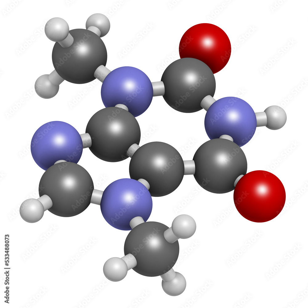 Theobromine (xantheose) chocolate alkaloid molecule. Present in cacao, tea, etc. Also used as drug. 3D rendering. Theobromine (xantheose) chocolate alkaloid molecule. Present in cacao, tea, etc. Also used as drug. 3D rendering.