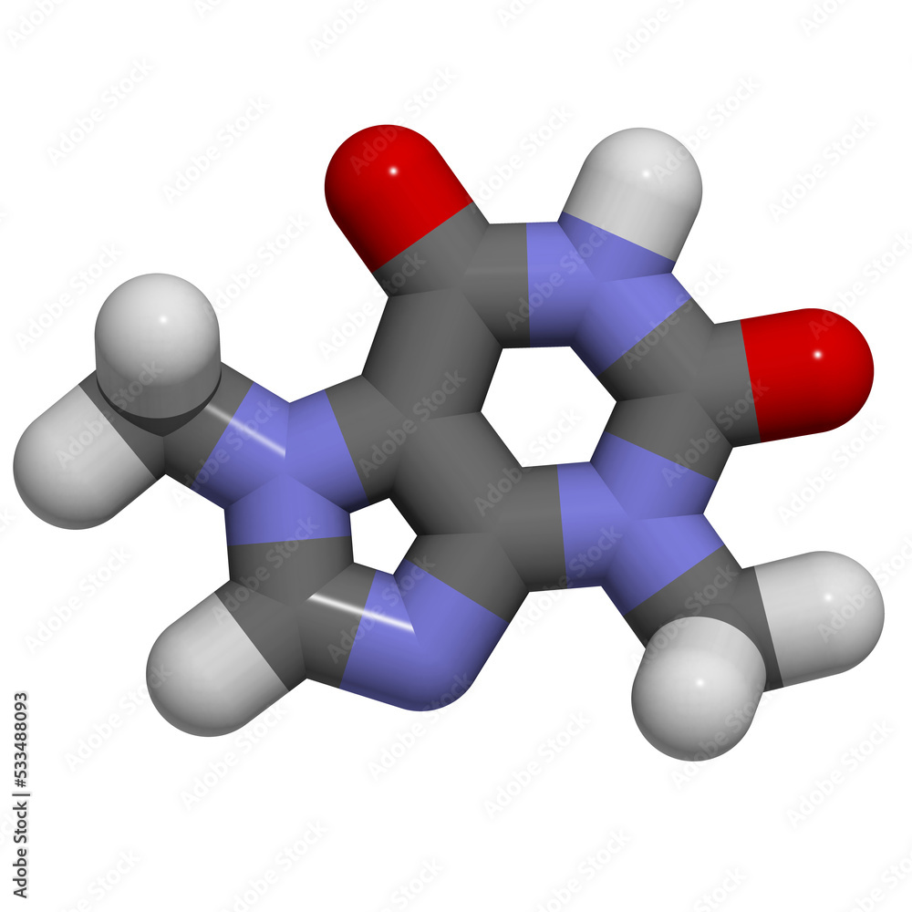 Theobromine (xantheose) chocolate alkaloid molecule. Present in cacao, tea, etc. Also used as drug. 3D rendering. Theobromine (xantheose) chocolate alkaloid molecule. Present in cacao, tea, etc. Also used as drug. 3D rendering.
