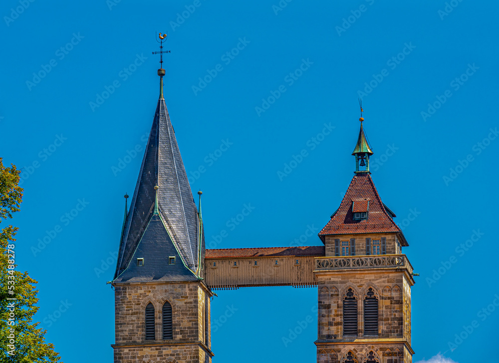 The steeples of the St. Dionysius church (Stadtkirche St. Dionys), Esslingen (Esslingen-am-Neckar), Baden-Wurttemberg, Germany, Europe The steeples of the St. Dionysius church (Stadtkirche St. Dionys), Esslingen (Esslingen-am-Neckar), Baden-Wurttemberg, Germany, Europe