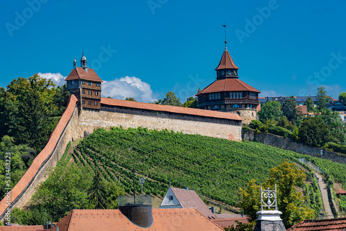 View of the historic city walls and castle Guardhouse (Hochwacht) and Thick Tower (Dicker Turm) in Esslingen am Neckar.Baden-Württemberg, Germany Europe