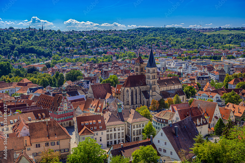 View from the castle on the old town of Esslingen am Neckar with the St. Dionys Church  . Baden-Wuerttemberg, Germany, Europe