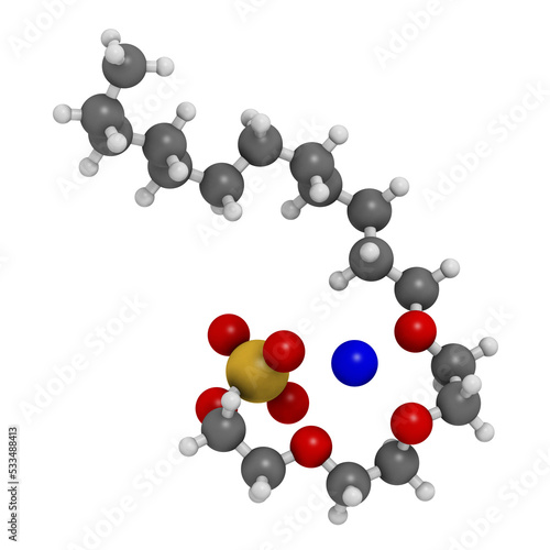 Sodium laureth sulphate detergent molecule. Used in cosmetics, soaps, shampoos, etc.