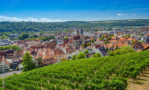 View from the castle on the old town of Esslingen am Neckar with the St. Dionys Church . Baden-Wuerttemberg, Germany, Europe