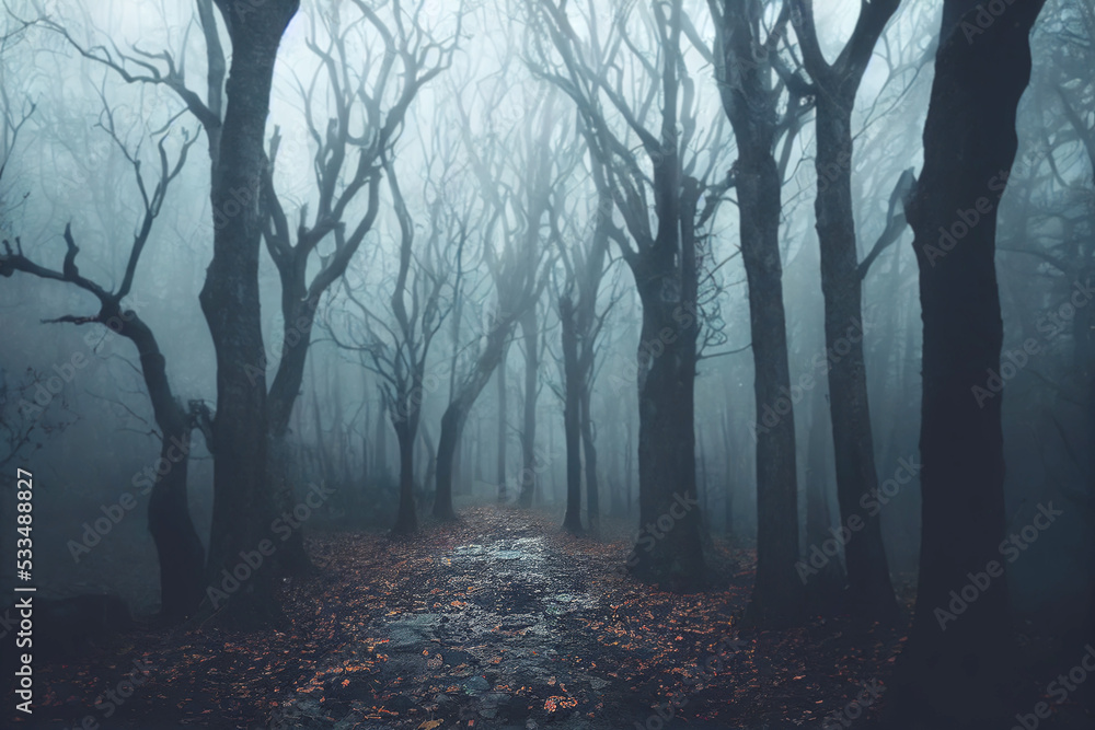 Path through a dark forest autumn fog at night. 3d illustration. Path through a dark forest autumn fog at night. 3d illustration.