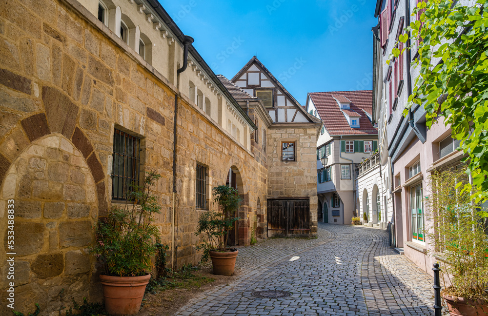 Romantic streets in the old town of Esslingen at the Neckar. Baden Wuerttemberg, Germany, Europe