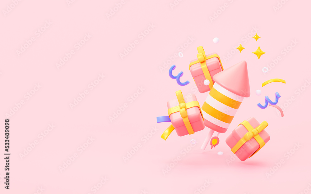3D gift with rocket and confetti. Festive background. New Year's card with an empty space for text. 3d rendering illustration - obrazy, fototapety, plakaty 