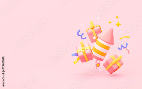3D gift with rocket and confetti. Festive background. New Year's card with an empty space for text. 3d rendering illustration