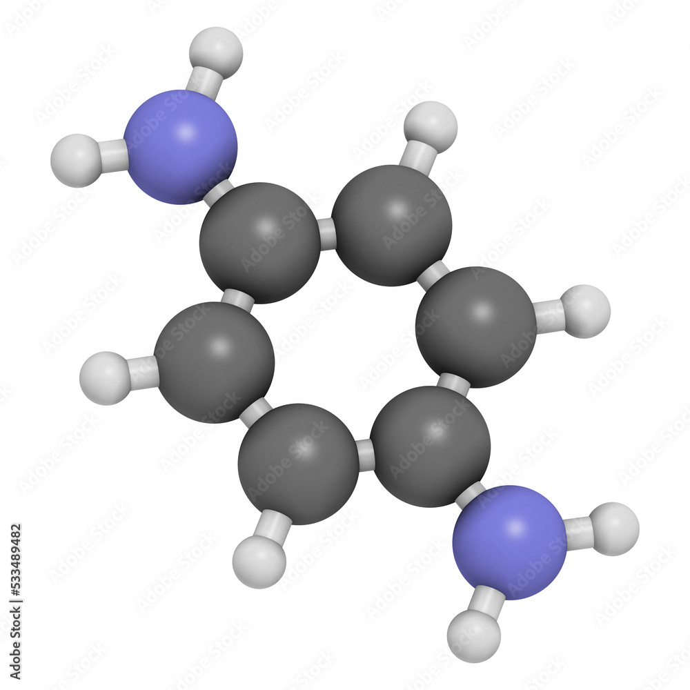 p-Phenylenediamine (PPD) hair dye molecule. Also precursor in polymer synthesis. Known contact allergen, possibly carcinogenic. p-Phenylenediamine (PPD) hair dye molecule. Also precursor in polymer synthesis. Known contact allergen, possibly carcinogenic.