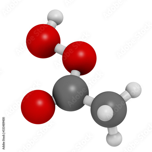 Peracetic acid (peroxyacetic acid, paa) disinfectant molecule. Organic peroxide commonly used as antimicrobial agent. photo