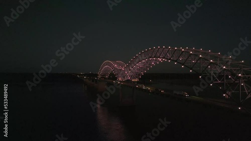 Drone Shot of a Sunrise by the Mississippi River Bridge in Downtown Memphis Tennessee