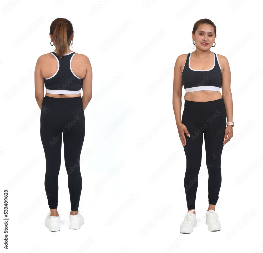 back and front view of same women with sportswear over white background back and front view of same women with sportswear over white background