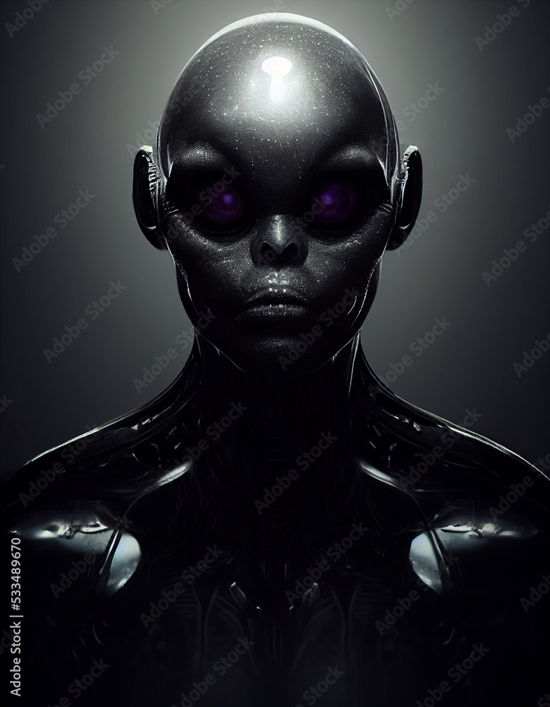 Humanoid Alien with Big Purple Eyes and Shining Black Skin 3D Art Conceptual Illustration. Stunning Vertical Portrait of Extraterrestrial Life Creature. Sci-Fi Horror Movie Macabre Character Art Work Humanoid Alien with Big Purple Eyes and Shining Black Skin 3D Art Conceptual Illustration. Stunning Vertical Portrait of Extraterrestrial Life Creature. Sci-Fi Horror Movie Macabre Character Art Work