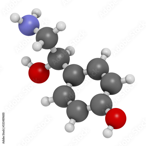 Octopamine stimulant drug molecule  sympathomimetic agent . 3D rendering.