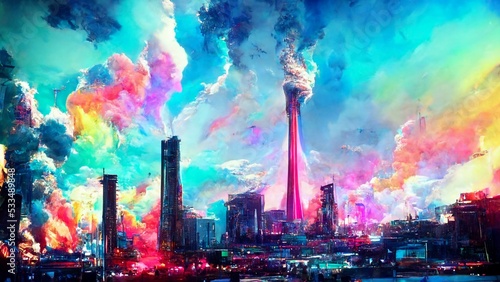 cityscape skyline background futuristic HD render colorful