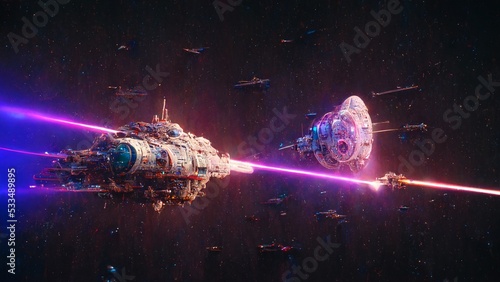 futuristic spaceship laser battle in outer space illustration render