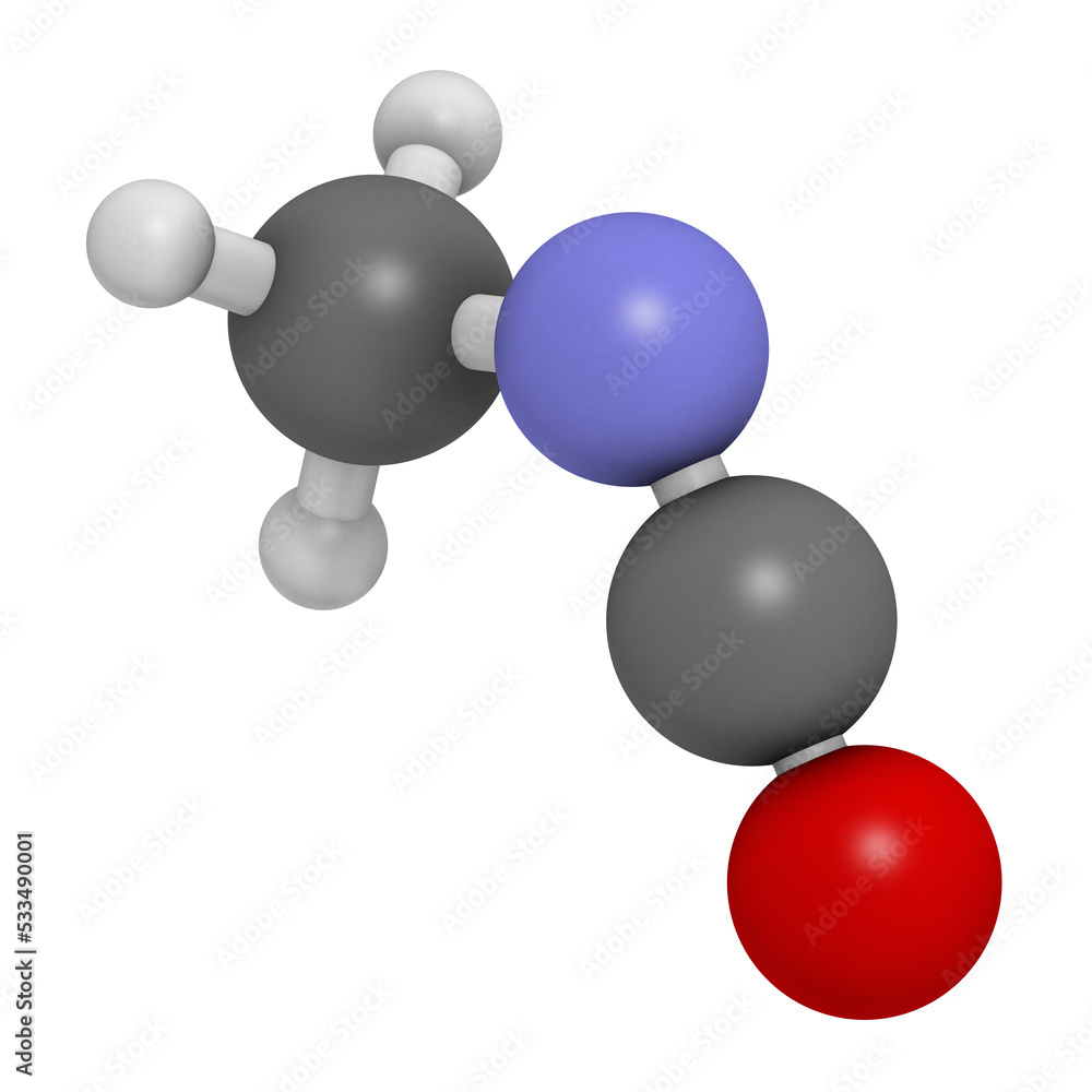 Methyl isocyanate (MIC) toxic molecule. Important chemical that was responsible for thousands of deaths in the Bhopal disaster. 3D rendering. Methyl isocyanate (MIC) toxic molecule. Important chemical that was responsible for thousands of deaths in the Bhopal disaster. 3D rendering.
