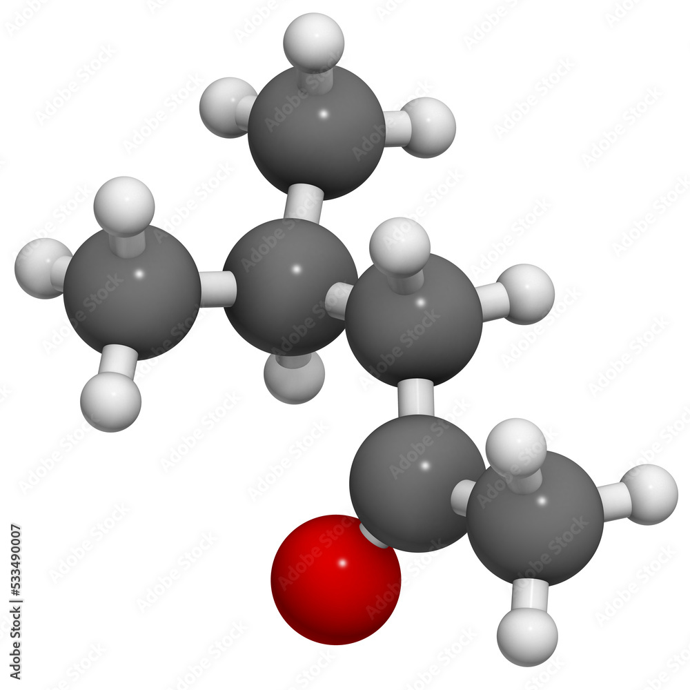 Methyl isobutyl ketone molecule. Used as chemical solvent and to denature alcohol. Methyl isobutyl ketone molecule. Used as chemical solvent and to denature alcohol.