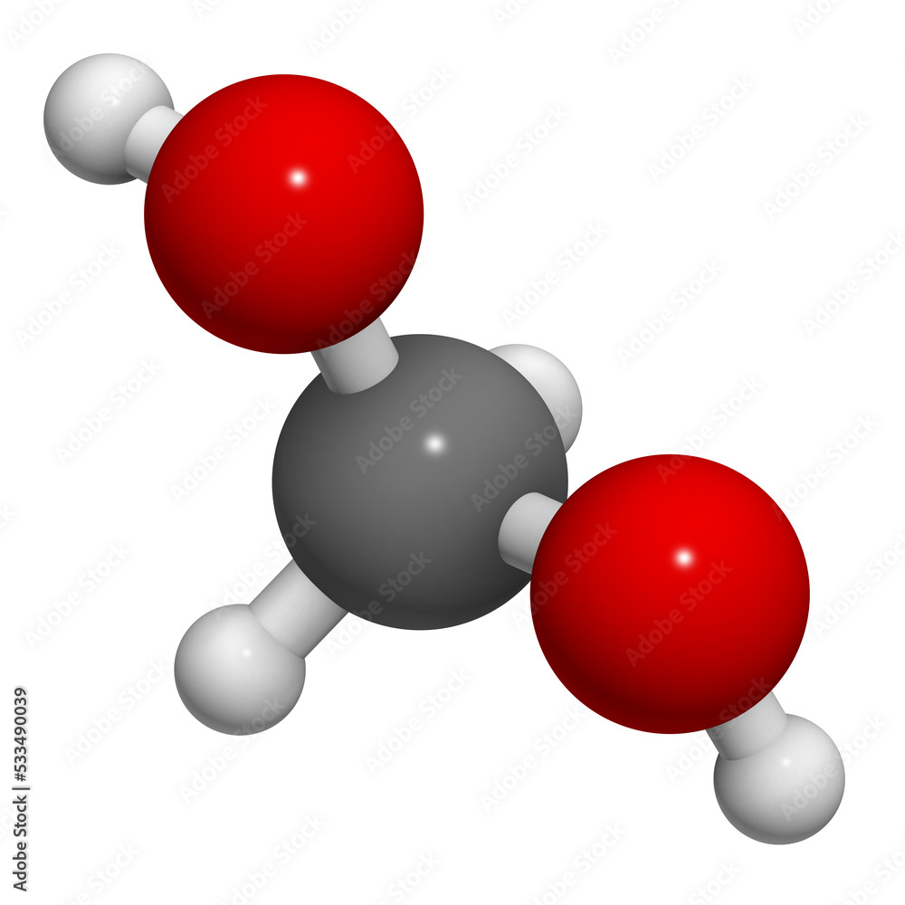 Methylene glycol (methanediol, formaldehyde monohydrate) molecule. Formed upon dissolving formaldehyde in water.