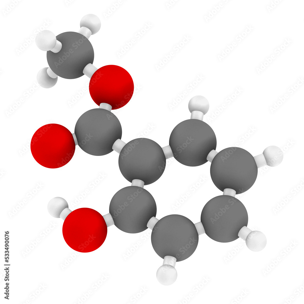 Methyl salicylate (wintergreen oil) molecule. Acts as rubefacient. Used as flavoring agent and fragrance. Methyl salicylate (wintergreen oil) molecule. Acts as rubefacient. Used as flavoring agent and fragrance.