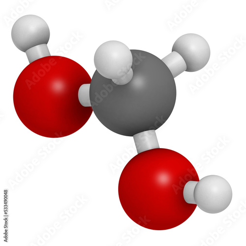 Methylene glycol (methanediol, formaldehyde monohydrate) molecule. Formed upon dissolving formaldehyde in water. © molekuul.be