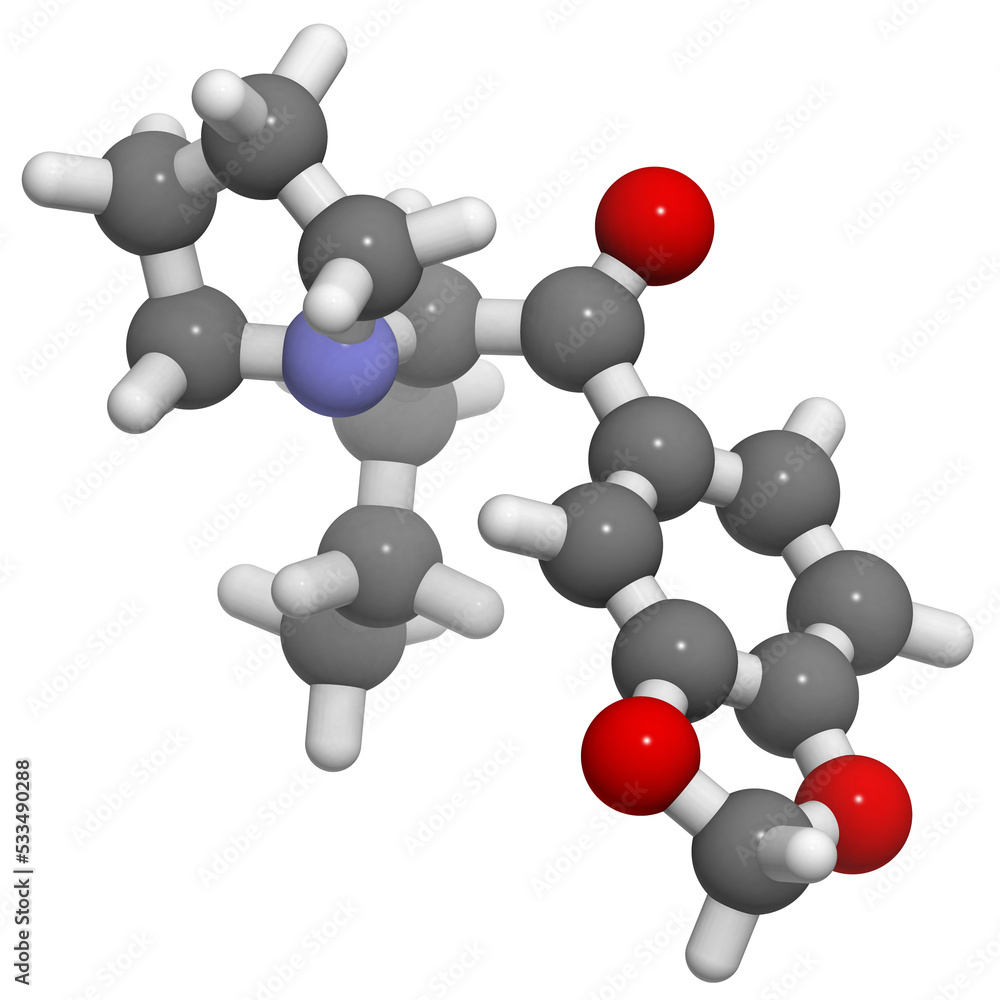 methylenedioxypyrovalerone (MDPV, Bath salts) molecule, chemical structure. methylenedioxypyrovalerone (MDPV, Bath salts) molecule, chemical structure.