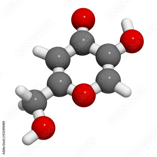 Kojic acid molecule. Used as food additive and for skin depigmentation in cosmetics. 3D rendering. photo