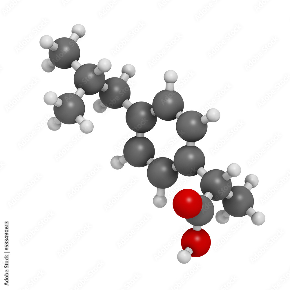 Ibuprofen pain and inflammation drug (NSAID), chemical structure. Stock