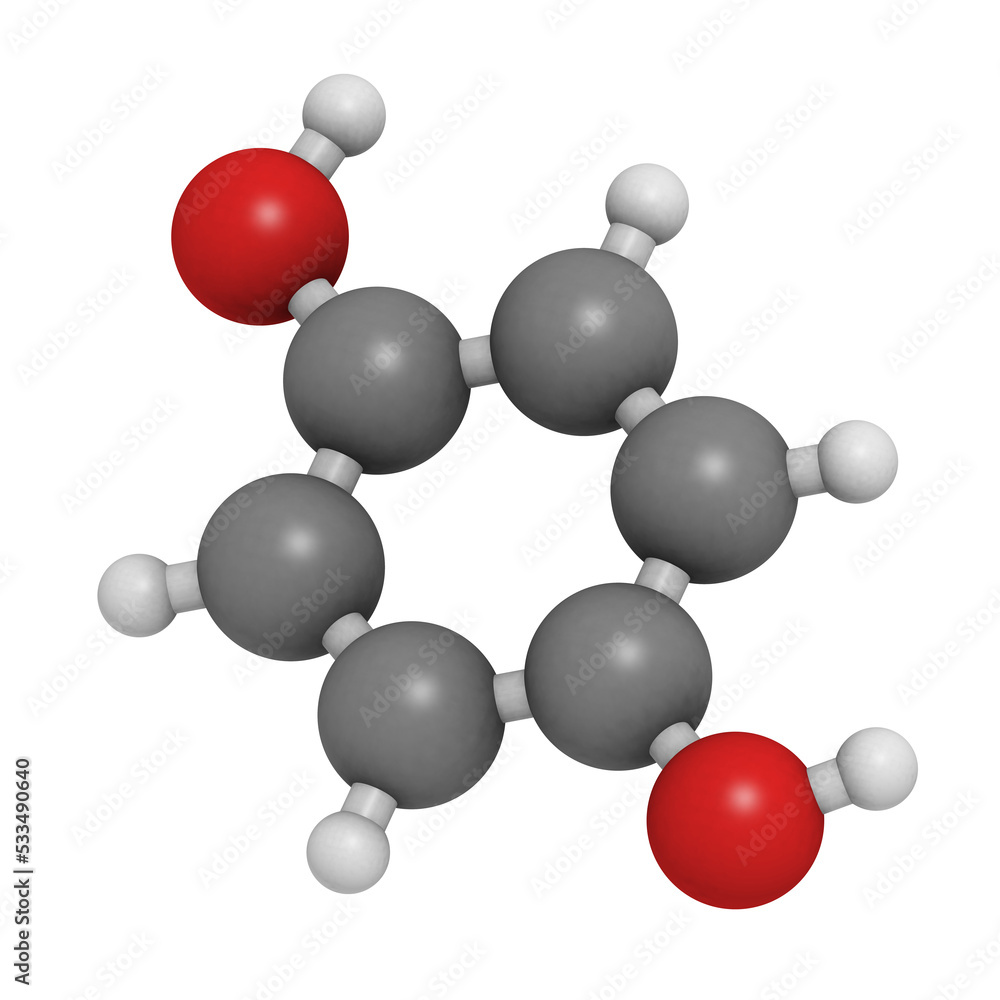 Benzoquinone (quinone, para-benzoquinone) molecule. 3D rendering. Atoms are represented as spheres with conventional color coding Benzoquinone (quinone, para-benzoquinone) molecule. 3D rendering. Atoms are represented as spheres with conventional color coding