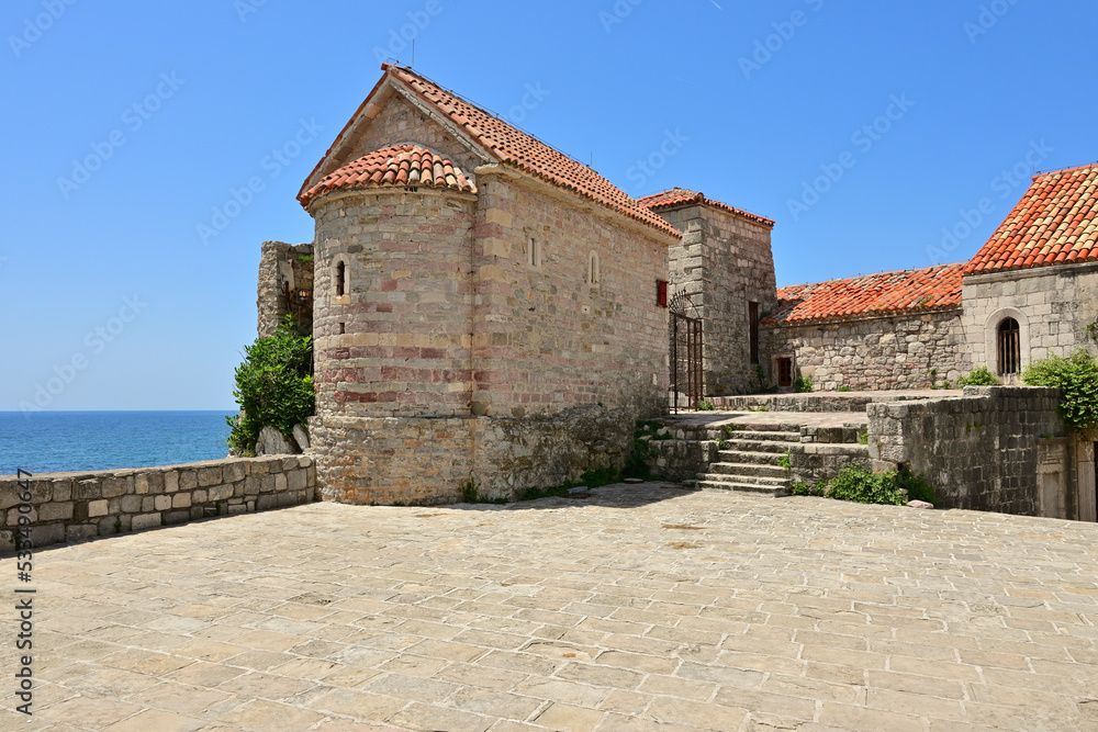 Church of St. Sabba the Sanctified. Architecture of the Old Town in Budva. Montenegro