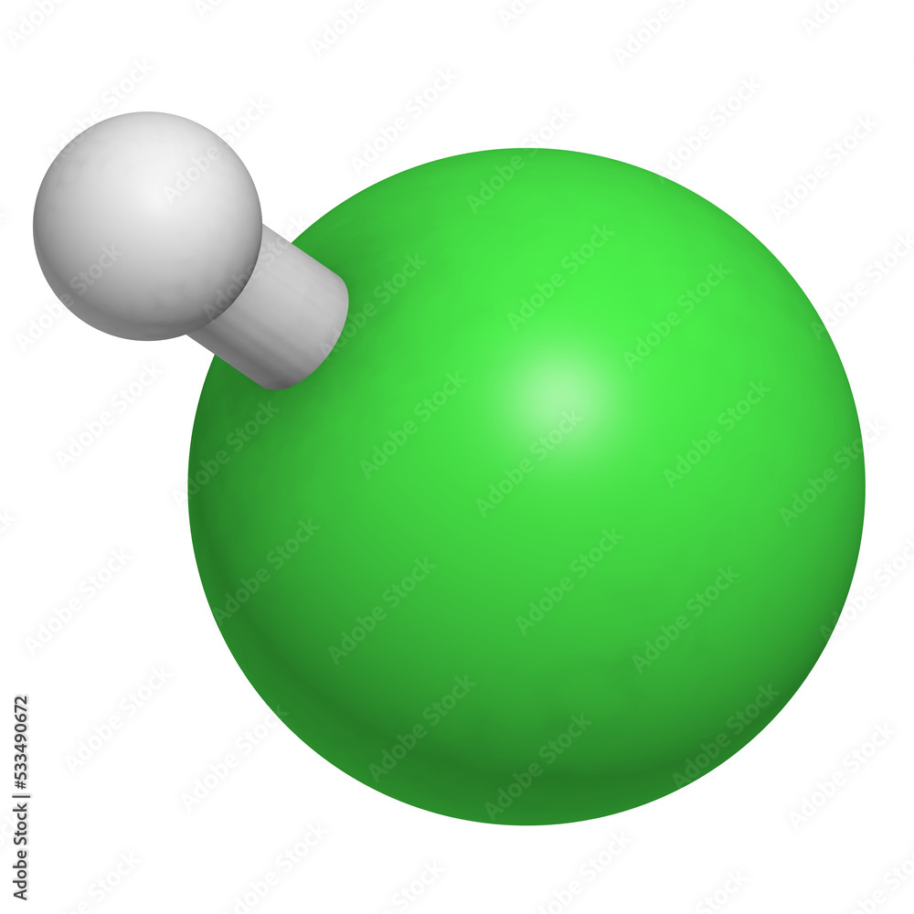 Hydrogen chloride (HCl) molecule, chemical structure. Present in gastric juice (stomach acid