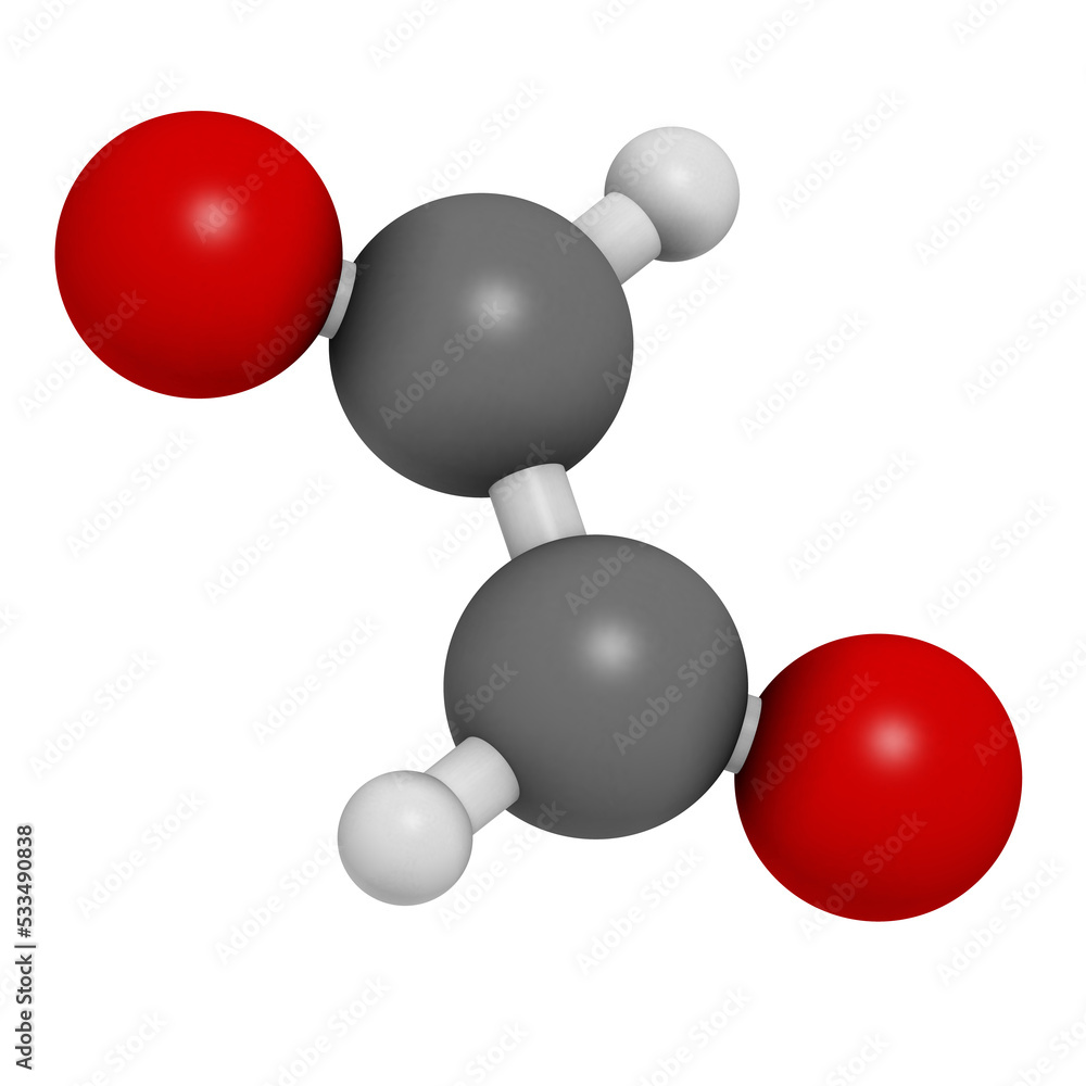 Glyoxal dialdehyde molecule. Present in fermented food and beverages. Many applications in chemical industry. Glyoxal dialdehyde molecule. Present in fermented food and beverages. Many applications in chemical industry.