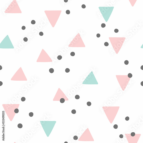 Cute seamless pattern with scattered triangles and dots. Girly vector illustration.