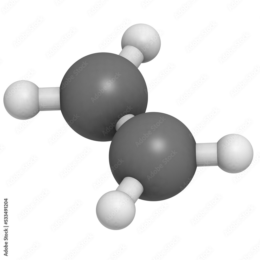 ethylene (ethene) plant hormone and polyethylene (PE) building block, molecular model. ethylene (ethene) plant hormone and polyethylene (PE) building block, molecular model.