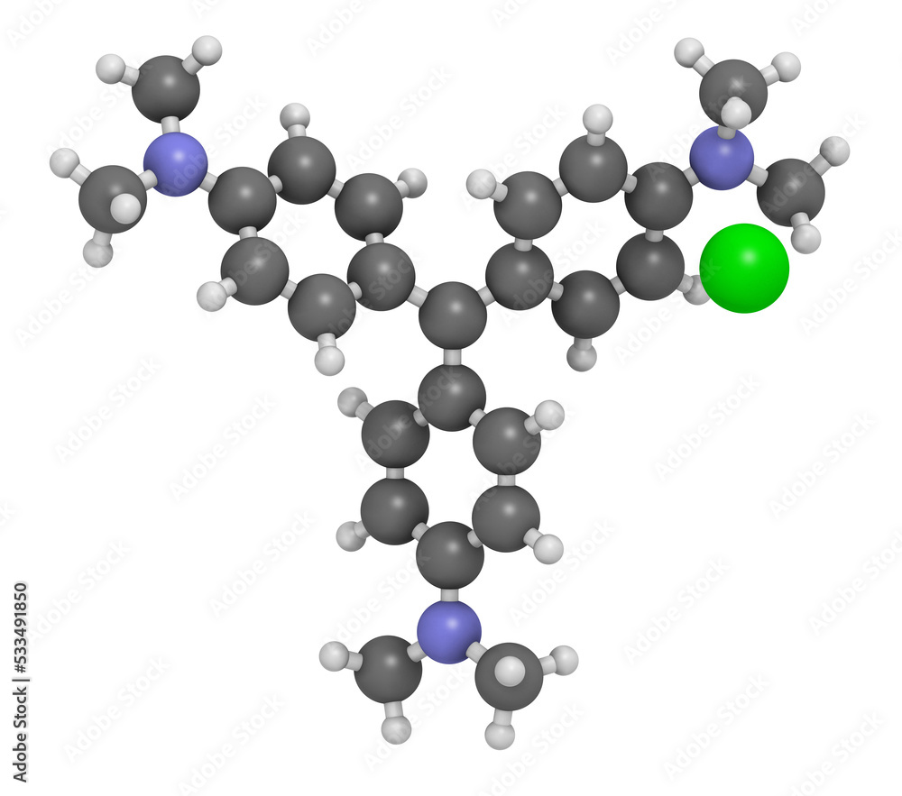 Crystal (gentian) violet molecule. Dye used in Gram staining of bacteria. 3D rendering. Crystal (gentian) violet molecule. Dye used in Gram staining of bacteria. 3D rendering.