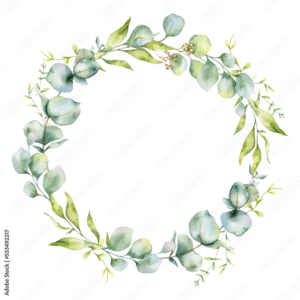 Fototapeta premium Eucalyptus Frame Watercolor, Floral Frame, Greenery Frame, Floral Arrangement, Green Leaves Composition