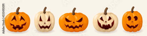 Set of halloween pumpkins, funny faces. Autumn holidays. Pumpkins of different shapes, faces and colors