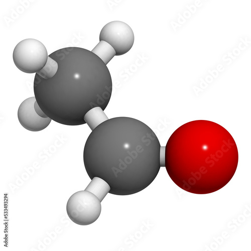 Acetaldehyde (ethanal) molecule, chemical structure.