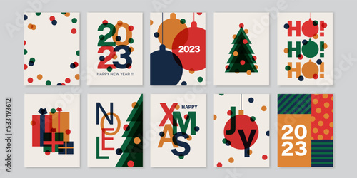 Set of creative colorful cards, flyers, posters for 2023 New Year. Numbers design. Christmas greetings. Modern minimal flat style.