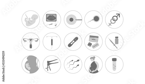 Motherhood set. Woman fertility icon set. Obstetrics signs collection. Pregnancy insemination contraception concept.
