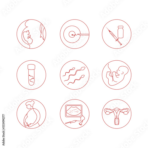 Woman fertility icon set. Obstetrics signs collection. Pregnancy insemination contraception concept